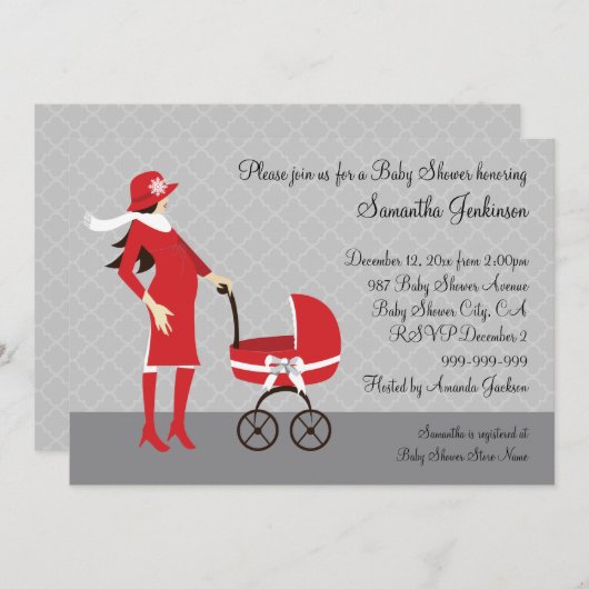 Eleganter Winter-graue und rote Babyparty Einladung (Vorne/Hinten)