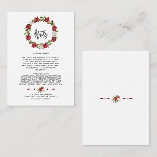 Eleganter Winter Holiday Poinsettia Wedding Detail Begleitkarte (Vorne/Hinten)
