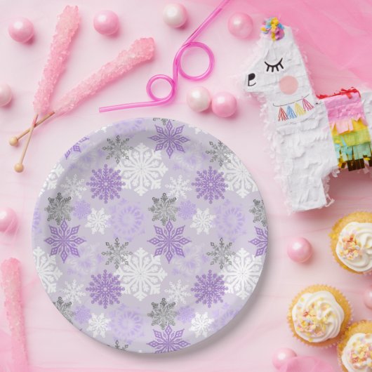 Eleganter Winter Lila Silberner Glitzer Schneefloc Pappteller (Party)