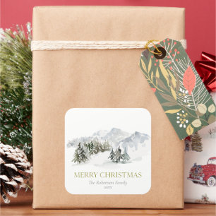 Eleganter Winter Mountain Weihnachten Quadratischer Aufkleber