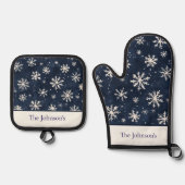 Eleganter Winter Personalisiert Navy Snowflake Ofenhandschuh & Topflappen-Set (Vorderseite)