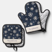 Eleganter Winter Personalisiert Navy Snowflake Ofenhandschuh & Topflappen-Set (Vorderseite/Rückseite)