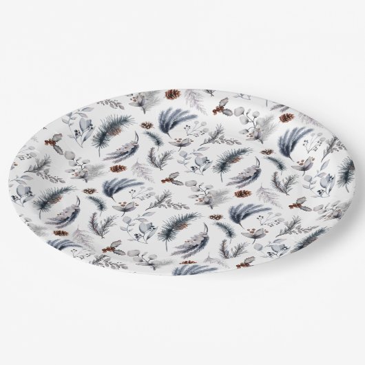 Eleganter Winter Pine Botanicals Urlaub Pappteller (Schrägansicht)