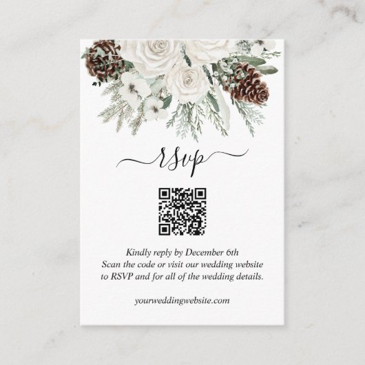 Eleganter Winter Pine QR Code Wedding RSVP Begleitkarte (Vorderseite)