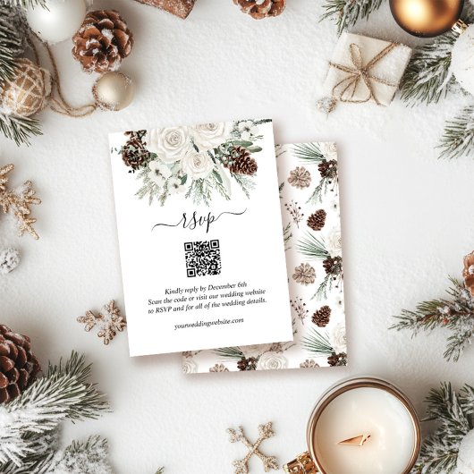 Eleganter Winter Pine QR Code Wedding RSVP Begleitkarte