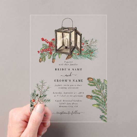 Eleganter Winter Rustic Pine Trees Lantern Wedding Acryleinladungen (Insitu (Handheld))
