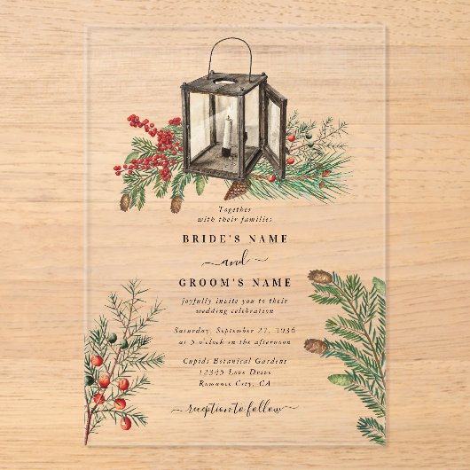 Eleganter Winter Rustic Pine Trees Lantern Wedding Acryleinladungen (Vorderseite)