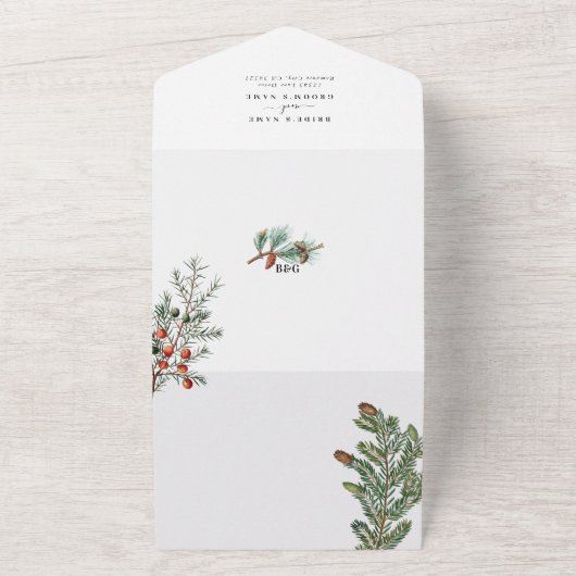 Eleganter Winter Rustic Pine Trees Lantern Wedding All In One Einladung (Außenbereich)