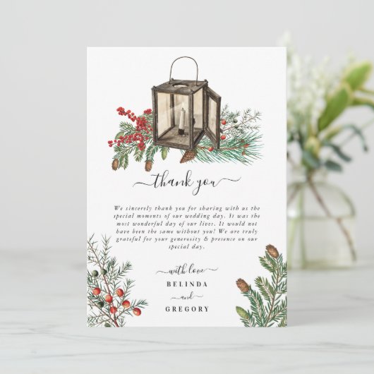 Eleganter Winter Rustic Pine Trees Lantern Wedding Dankeskarte (Stehend Vorderseite)