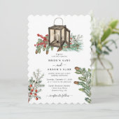Eleganter Winter Rustic Pine Trees Lantern Wedding Einladung (Stehend Vorderseite)