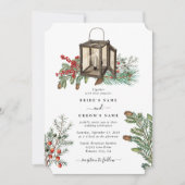 Eleganter Winter Rustic Pine Trees Lantern Wedding Einladung (Vorderseite)