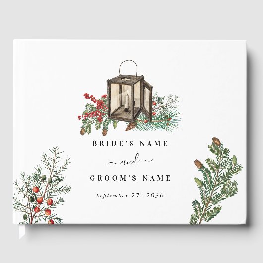 Eleganter Winter Rustic Pine Trees Lantern Wedding Gästebuch (Vorderseite)