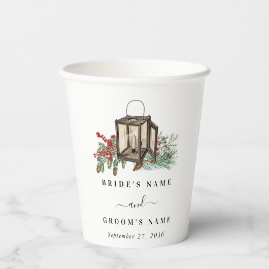 Eleganter Winter Rustic Pine Trees Lantern Wedding Pappbecher (Rückseite)