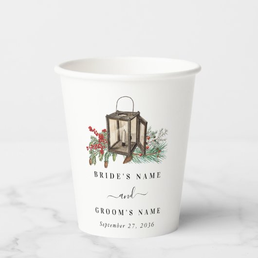 Eleganter Winter Rustic Pine Trees Lantern Wedding Pappbecher (Vorderseite)