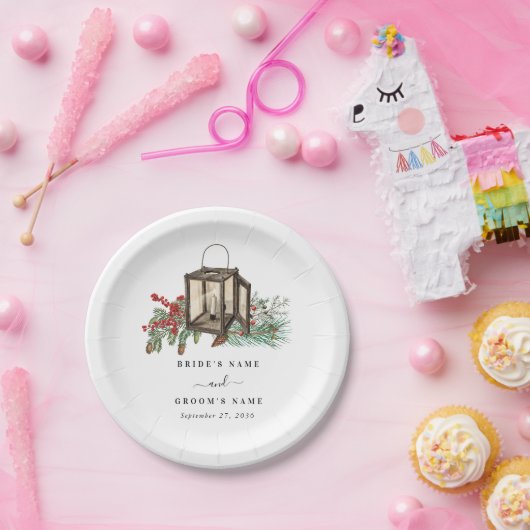 Eleganter Winter Rustic Pine Trees Lantern Wedding Pappteller (Party)