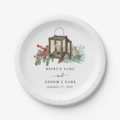 Eleganter Winter Rustic Pine Trees Lantern Wedding Pappteller (Vorderseite)
