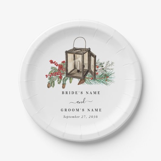 Eleganter Winter Rustic Pine Trees Lantern Wedding Pappteller (Vorderseite)