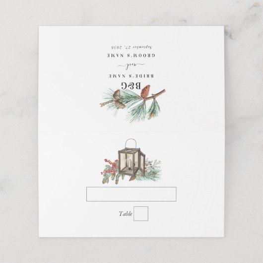 Eleganter Winter Rustic Pine Trees Lantern Wedding Platzkarte (Außenseite Aufgefaltet)