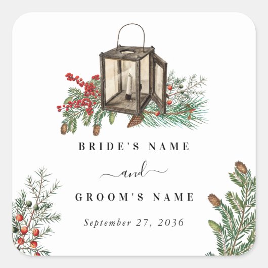 Eleganter Winter Rustic Pine Trees Lantern Wedding Quadratischer Aufkleber (Vorderseite)