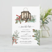 Eleganter Winter Rustic Pine Trees Lantern Wedding Save The Date (Stehend Vorderseite)