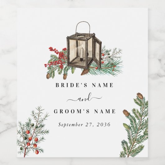 Eleganter Winter Rustic Pine Trees Lantern Wedding Weinetikett (Einzelnes Label)