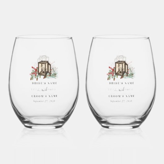 Eleganter Winter Rustic Pine Trees Lantern Wedding Weinglas Ohne Stiel (Vorderseite)