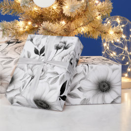 Eleganter Winter Schwarz-Weiß-Blumen Weihnachten Geschenkpapier