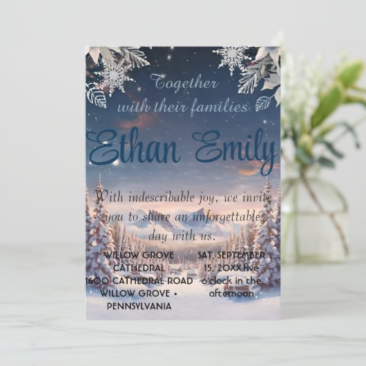 Eleganter Winter Wonderland Schneeflocken WEDD Einladung (Stehend Vorderseite)