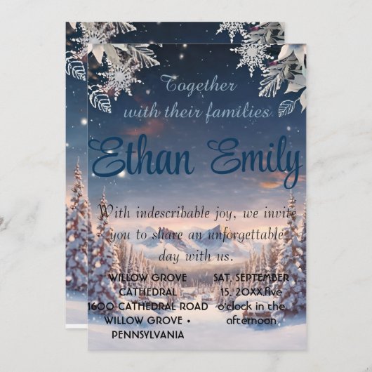 Eleganter Winter Wonderland Schneeflocken WEDD Einladung (Vorne/Hinten)