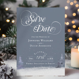 Eleganter Winter Wonderland Themed Dusty Blue Snow Save The Date