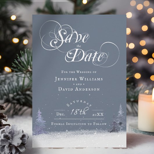 Eleganter Winter Wonderland Themed Dusty Blue Snow Save The Date