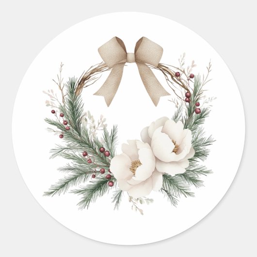 Eleganter Winter Wreath & Bow Weihnachten Runder Aufkleber (Vorderseite)