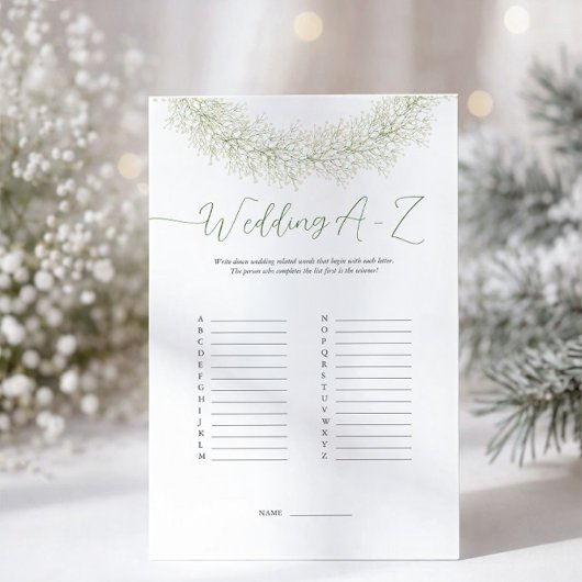 Eleganter Winter Wreath Wedding A-Z Game Flyer