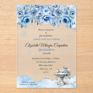 Eleganter Winter-Wunderland-Quinceañera-Schneefloc Acryleinladungen