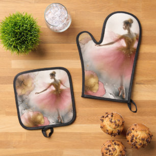 Eleganter Wirbel-Ballett in Rosa & Gold Ofenhandschuh & Topflappen-Set