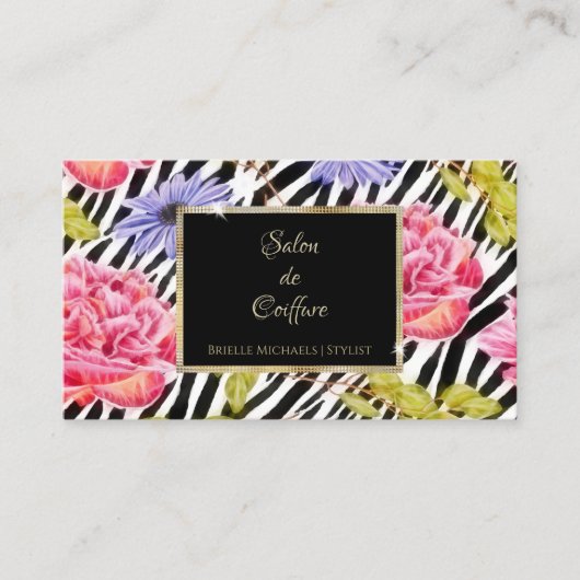Eleganter Zebra Print Pink Floral Gold Frame Salon Visitenkarte (Vorderseite)