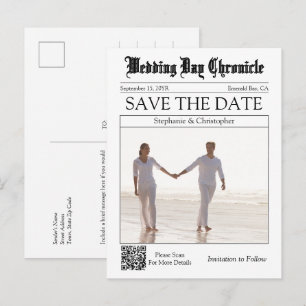 Eleganter Zeitungs-Hochzeits-QR-Code Save-the-Date Postkarte