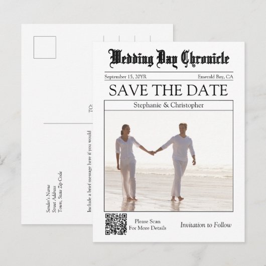 Eleganter Zeitungs-Hochzeits-QR-Code Save-the-Date Postkarte (Vorne/Hinten)