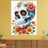 Eleganter Zuckerschädel mit Blume Leinwanddruck (Insitu (Wohnzimmer))