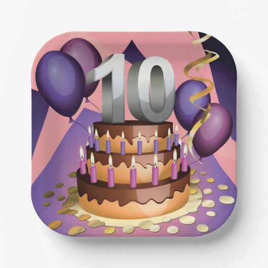 Elegantes 10-jähriges Celebration Cake Design Pappteller (Vorderseite)