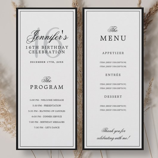 Elegantes 16. Geburtstagsfeier-Programm + Menü Einladung