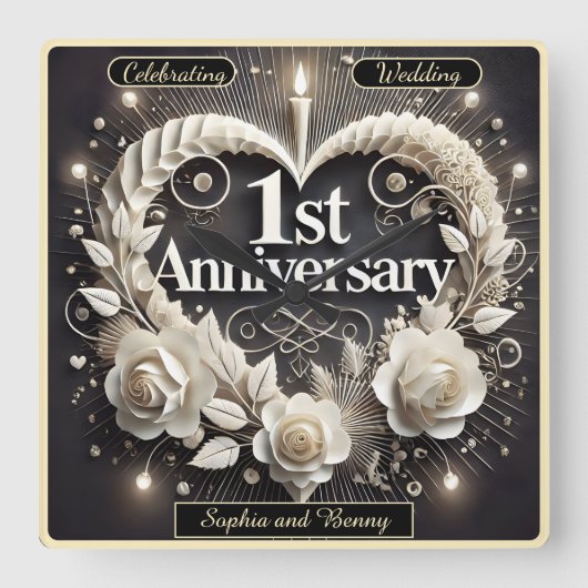 Elegantes 1. Jubiläumsbuch Herz Quadratische Wanduhr (Vorderseite)