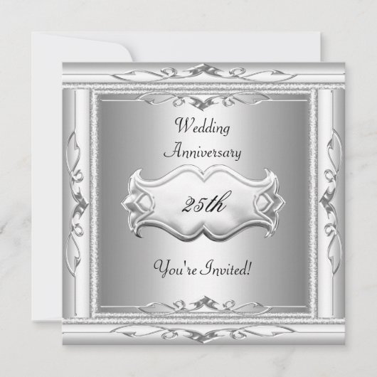 Elegantes 25. Hochzeitstil Weißes Silber Einladung (Vorderseite)