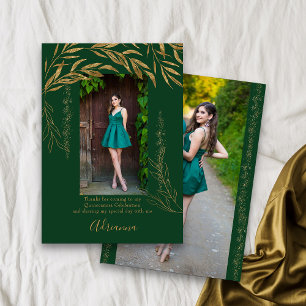 Elegantes 2-Foto-Smaragdgrün und Goldblatt Dankeskarte
