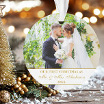 Elegantes 2-Foto zu Weihnachten Ornament<br><div class="desc">Elegante Schrift Unser erstes Weihnachtsgeschmack mit Goldenen Drehbuch und Hochzeitsgeschenk-Foto auf Front & Back</div>