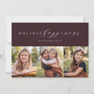 Elegantes 3-Foto-Pflaume Weihnachtsglücklichkeit Feiertagskarte