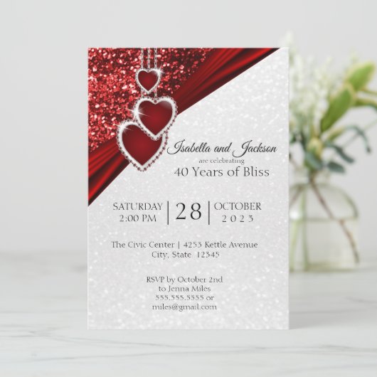 Elegantes 40. Ruby Red Glitzer Jubiläumsdesign Einladung (Stehend Vorderseite)