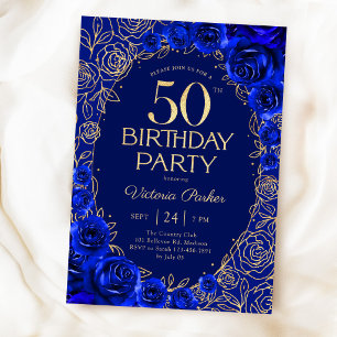 Elegantes 50. Geburtstags-Royalblau-Gold-Blumenmus Einladung