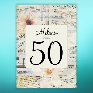 Elegantes 50. Geburtstags-Vintage-Musik-Blumen-Des Einladung