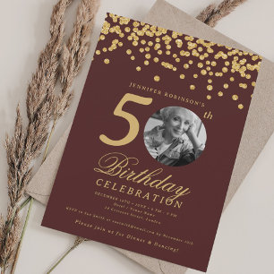 Elegantes 50. Geburtstagsfoto Gold Konfetti Burgun Einladung